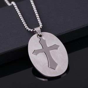 Mens Stainless Steel Silver Cross Oval Cut Fit Pendant Chain Necklace Unisex
